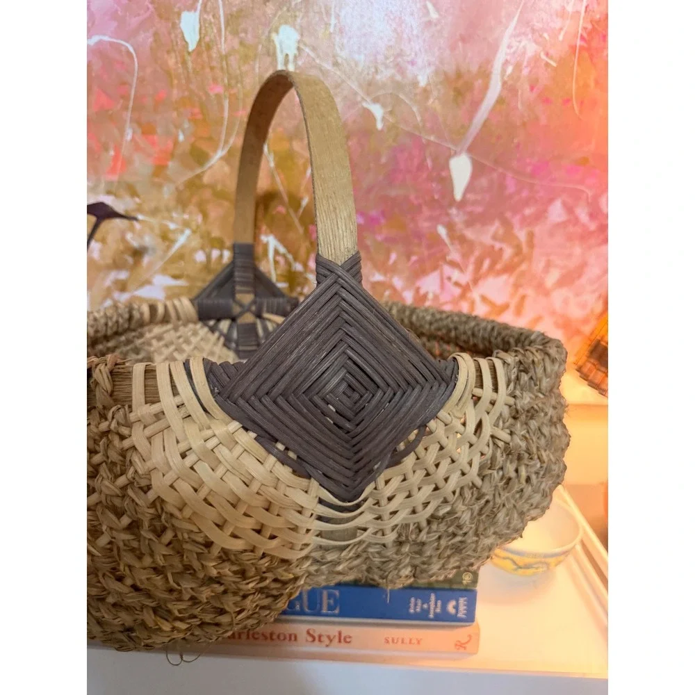 Handmade  Woven Seagrass Basket Women OS Tan Brown Boho Diamond Weave Handle